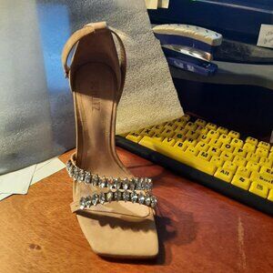 NEW ! Schutz Linsey Crytal Embellished Nubuck Sandal Heel Tan Sz9.5